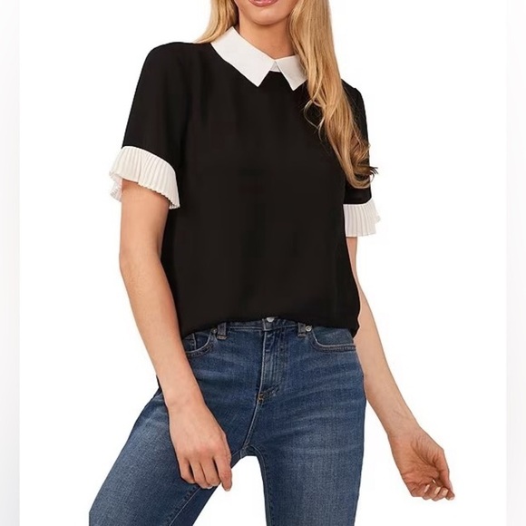 CECE Black‎ and white flutter sleeve top size S - Picture 1 of 14